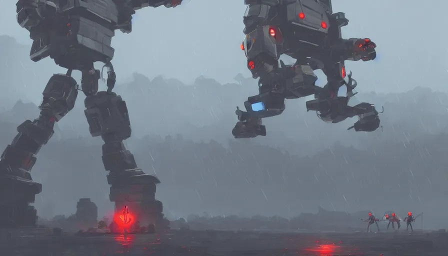 Image similar to a giant robot fighting a giant stone golem in rain, helicopters spotlight, sharp focus, james gilleard, cinematic, game art, extremely detailed digital painting, print