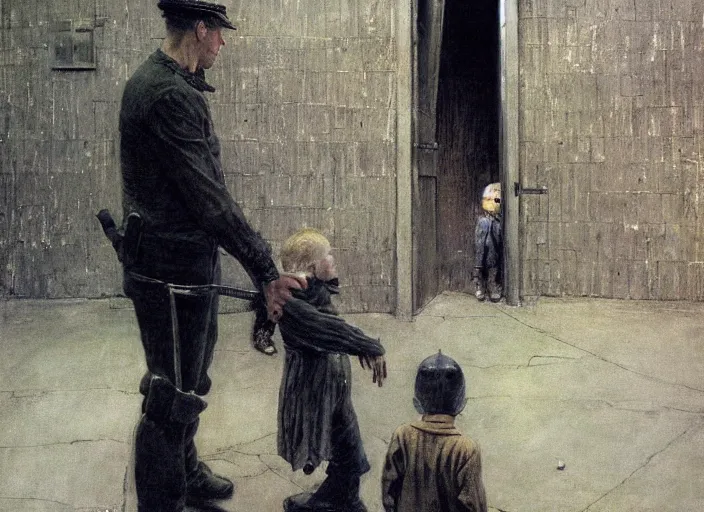 Image similar to dark alley with a poor child being arrested by a futuristic cop with children all around him, painting by andrew wyeth and alan lee, very detailed, somber mood,