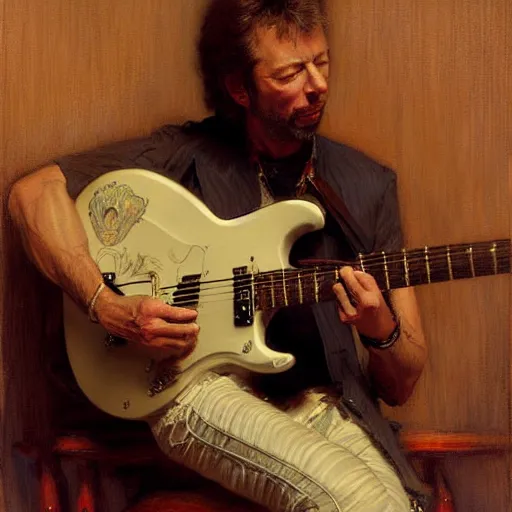 Image similar to eric clapton playing guitar. highly detailed painting by gaston bussiere, craig mullins, j. c. leyendecker, 8 k