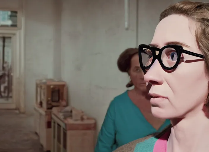 Prompt: cinematic mid shot of a high detail, woman's face looking off camera, with round glasses. fine facial features. she stands in an empty, pastel colourful 3 d, factory scene, by jeffrey smart and gregory crewdson and edward hopper, inspired by the grand budapest hotel