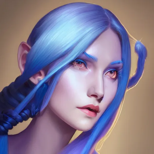 Prompt: a Portrait of JINX from League of Legends, blue hair, pigtail, intricate, elegant, highly detailed, digital painting, concept art, smooth, sharp focus, illustration, art by artgerm and greg rutkowski and alphonse mucha,artstation,deviantart,FAN ART,Unreal Engine,face enhance,8K,golden ratio,cinematic lighting H 704