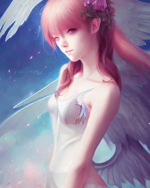 Prompt: 3 / 4 view of a portrait of cute girl with wings, confident pose, pixie, amber of genshin impact, intricate, elegant, sharp focus, illustration, highly detailed, concept art, matte, trending on pixiv, anime, art by wlop, strong fogs,