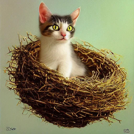 Prompt: long shot of a cute cat nesting in a golden metal crown, by esao andrews, by m. w. kaluta, volumetric light, fresh colors, ultra humorous oil painting, realistic reflections, floral background, smooth, concept art, depth perception, high depth of field, 4 k, unreal engine 5, ultradetailed, hyperrealistic, trending on artstation