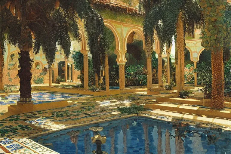 Image similar to painting of a beautiful moorish palace courtyard garden, by rudolf ernst and maxfield parrish and arkady rylov, patterned tilework, palm trees, tiled fountains, extremely detailed, cinematic lighting, smooth sharp focus