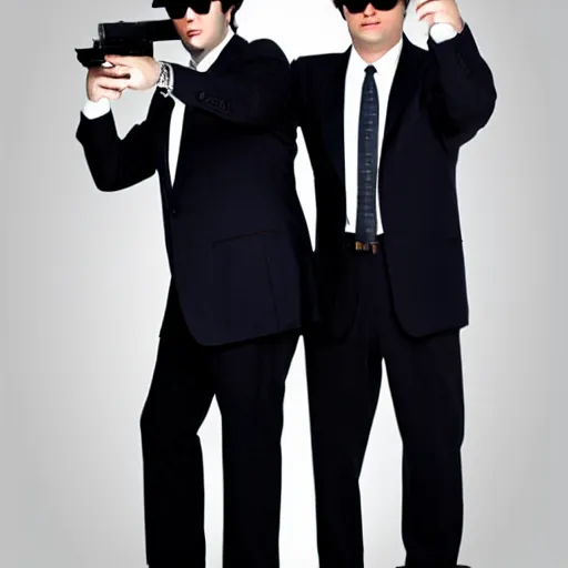 Image similar to blues brothers walking towards camera with white background. wearing suits. strong shadows. high contrast. serious look. carrying a pistol