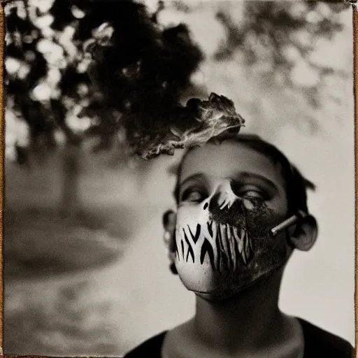 Prompt: teenage boy with skull mask smoking by sally mann