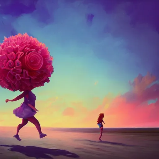 Image similar to portrait, giant rose flower head, girl running at the beach, surreal photography, sunrise, blue sky, dramatic light, impressionist painting, digital painting, artstation, simon stalenhag