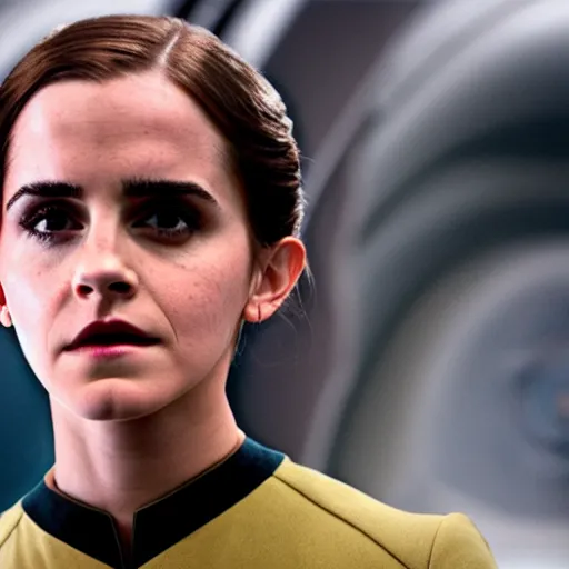 Image similar to Emma Watson in Star Trek, XF IQ4, f/1.4, ISO 200, 1/160s, 8K, Sense of Depth, RAW, Dolby Vision, symmetrical balance, in-frame