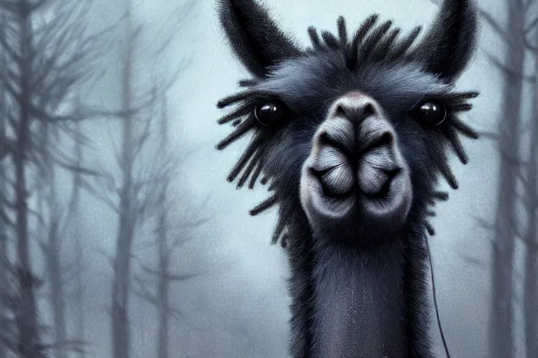 Image similar to highly detailed animal portrait of a goth alpaca with piercings, black eyeshadow, piercings!, earrings!, digital art made by makoto shinkai, lois van baarle, greg rutkowski and jakub rebelka, highly detailed, symmetrical, extremely coherent, smooth, shaped focus, dystopian gray forest background, skull