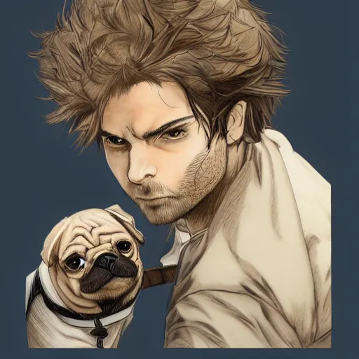 Image similar to self portrait, young white hispanic handsome man with short light brown hair and light skin and a 5 o clock shadow and holding a pug while fighting against 2 swordsmen pencil art, added detail, high definiton, colored, backfacing, illustrated by yoji shinkawa