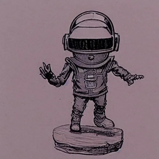 Image similar to sketch of a cute chibi dnd daft punk gnome inventor tinkerer wearing a helmet, walking cautiously, etching by louis le breton, moebius 1 8 6 9, 1 2 0 0 dpi scan