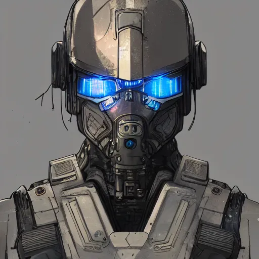 Prompt: portrait of a cyberpunk special forces with power infantry armor, high detail, by Moebius, trending on artstation