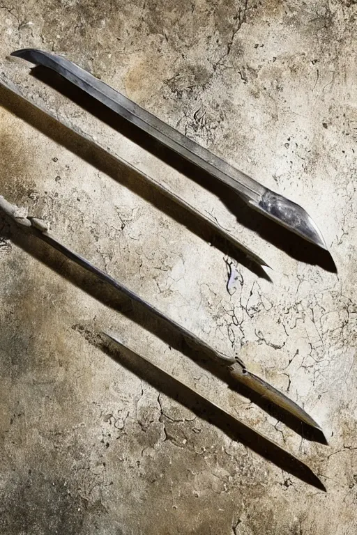 Image similar to photo taken of an epic intricate, ultra detailed, super realistic gritty, longsword weapon hero props, created by weta workshop, zoomed in shots, photorealistic, sharp focus, white wall coloured workshop, cold colour temperture, f 0. 4, face centred, golden ratio, golden hour