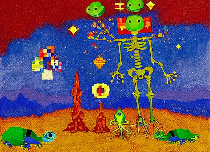 Image similar to pixel decollage painting tarot lovers card composition tower of babel road red armor maggot bear and wonky alien frog skeleton knight on a horse in a dark red cloudy night sky with golden foil jewish stars and diamonds, mountain lake and blossoming field in background, painted by Mark Rothko, Helen Frankenthaler, Danny Fox and Hilma af Klint, pixelated, neo expressionism, semi naive, pastel colors, cinematic, color field painting, cave painting, voxel, pop art look, outsider art, minimalistic. Bill Traylor painting, part by Philip Guston and Francis Bacon. art by Adrian Ghenie, very coherent symmetrical artwork, cinematic, hyper realism, high detail, octane render, unreal engine, Smooth gradients, depth of field, full body character drawing, extremely detailed, 8k, extreme detail, intricate detail, masterpiece