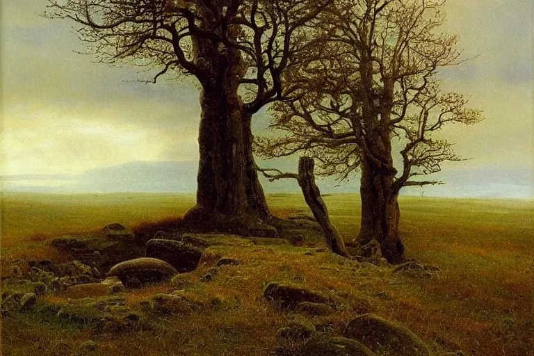 Prompt: runestone, runic inscription, ancient writing, megalithic, monument, nature, trees, focused, centered, very detailed, norse, history, oil painting, Albert Bierstadt, Theodor Kittelsen, Hermann Hendrich