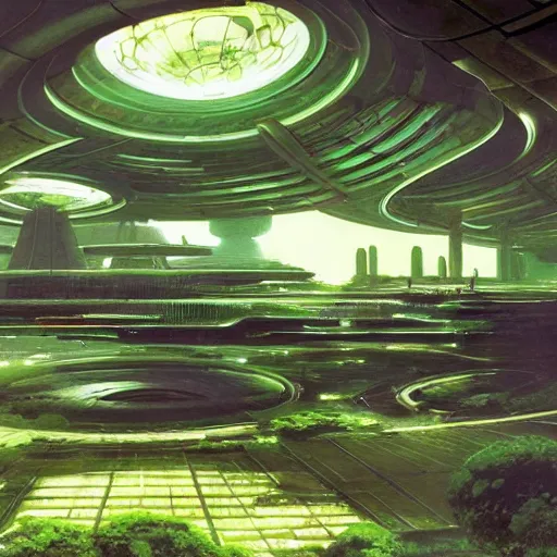 Image similar to beautiful matte painting of green gardens on a futuristic sci-fi space station, cinematic angle, cinematic lighting, by Syd Mead, John Harris, Federico Pelat