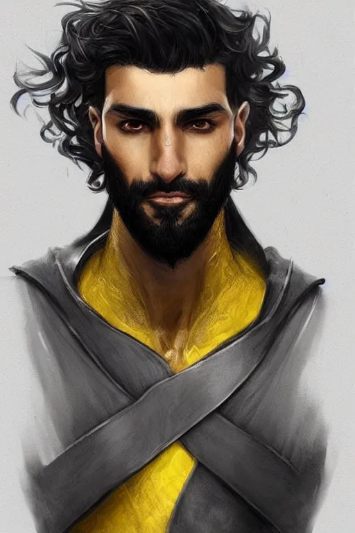 Image similar to Arab man light beard, curly hair, knight, hero, leather , yellow and charcoal, character concept art, costume design, trending on artstation, Artgerm , WLOP