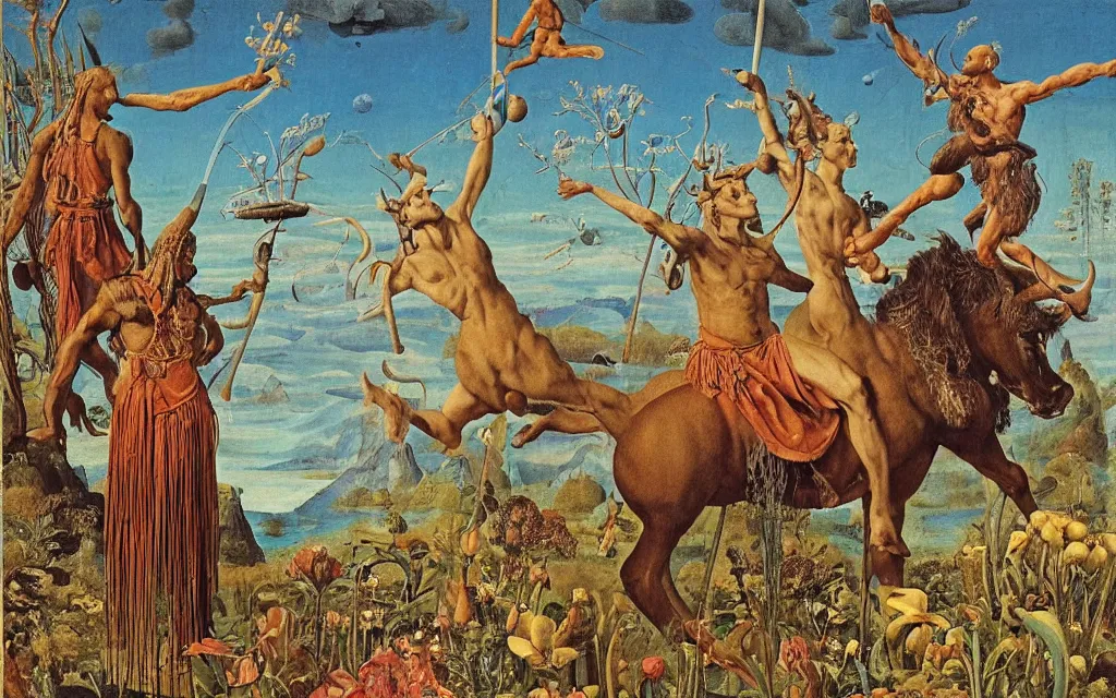 Image similar to a portrait photograph of a meditating satyr and a centaur monk riding a rocket machine and hunting at a river delta. surrounded by bulbous flowers and trees. mountain range under a blue sky of fiery stars. by jan van eyck, max ernst, ernst haeckel, ernst fuchs and artgerm, cgsociety, fashion editorial, 8 k