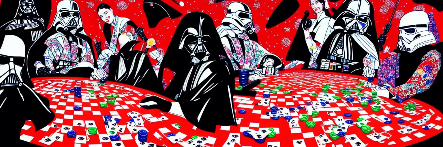 Image similar to hyperrealism composition of the detailed woman in a japanese kimono sitting at an extremely detailed poker table with darth vader and stormtrooper, fireworks on the background, pop - art style, jacky tsai style, andy warhol style, acrylic on canvas