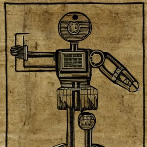 Image similar to ancient technical schematics, on parchment, by leonardo da vinci of a highly advanced futuristic robot