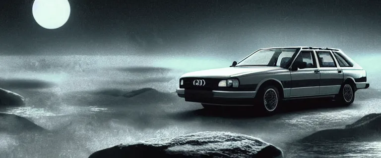Image similar to Audi 80 B3 Avant (1988) floating in the void facing Kraken, a eerie horror sci-fi, star citizen, hopeless, dramatic lighting, cinematic, off-world, space, zero gravity, eldritch horror creatures floating through space, lack of ground, dark, establishing shot, extremely high detail, photorealistic, cinematic lighting, artstation, by simon stalenhag
