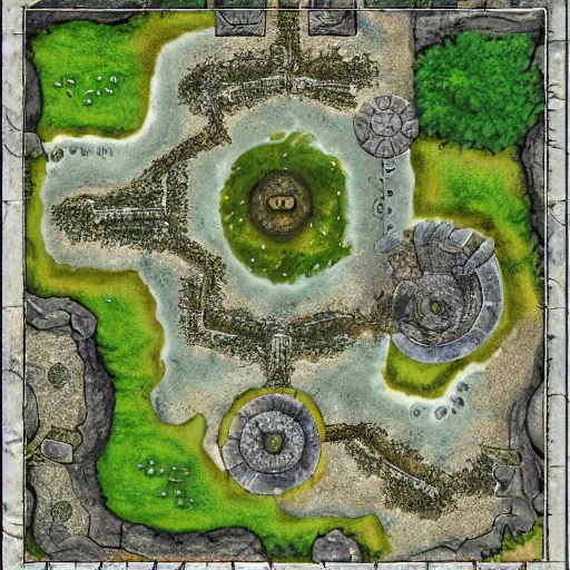 Prompt: overhead RPG battlemap of a stone fort sitting above a swamp, detailed, hand-painted, drivethruRPG top seller popular