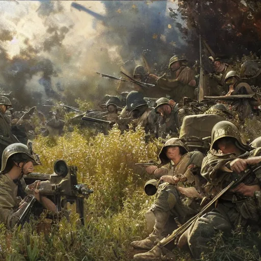 Image similar to detailed cinematic wide shot of world war 2 battle, ultra realistic, spring light, painting by gaston bussiere, craig mullins, j. c. leyendecker