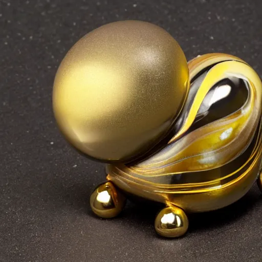 Image similar to a golden faberge snail on a black marble glossy pedestal