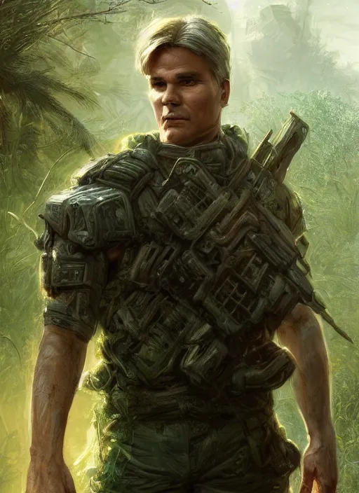 Prompt: portrait of a young richard dean anderson wearing a green combat uniform, in a post apocalyptic city, overgrown with plants, by wlop, luis royo and greg rutkowski, cover illustration, concept art, volumetric lighting, volumetric atmosphere, sharp focus, octane render, trending on artstation, 8 k