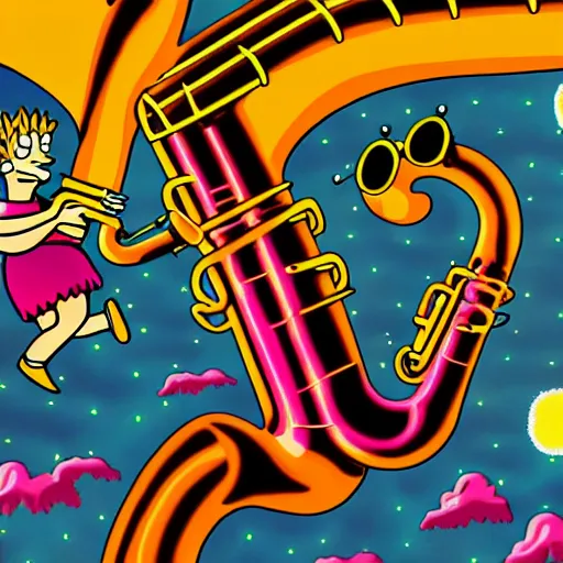 Image similar to Lisa Simpson falling into a giant saxophone, psychedelic art, uhd, matte painting