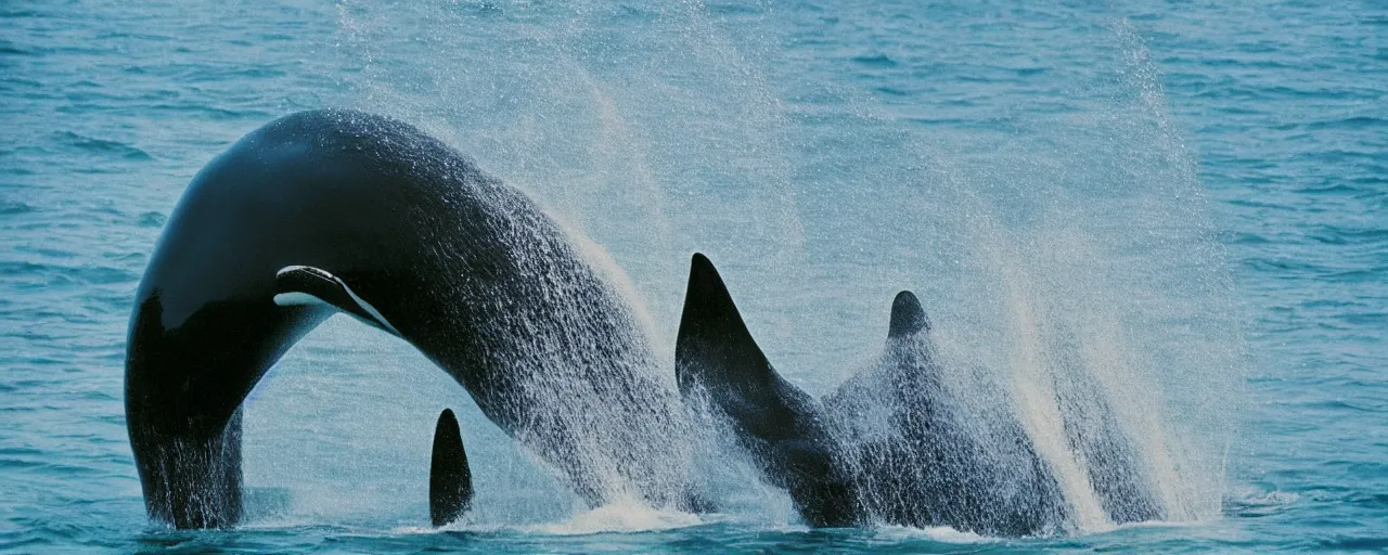 Image similar to shamu whale at sea world playing with spaghetti, water splashing,, small details, intricate, sharply focused, canon 5 0 mm, wes anderson film, kodachrome