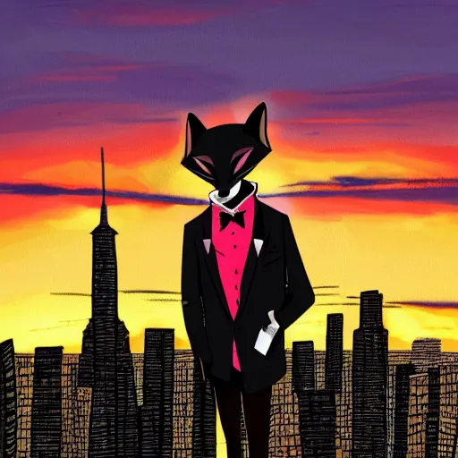 Image similar to a black anthropomorphic male fox furry wearing a fancy suit in the city at sunset, modern anime style