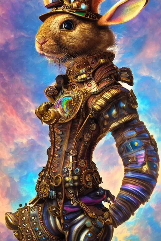 Prompt: ultra realist soft painting of a single steampunk rabbit warrior, very intricate details, rainbow lighting, reflectioons, refractions, symmetry accurate anatomy features, unreal render