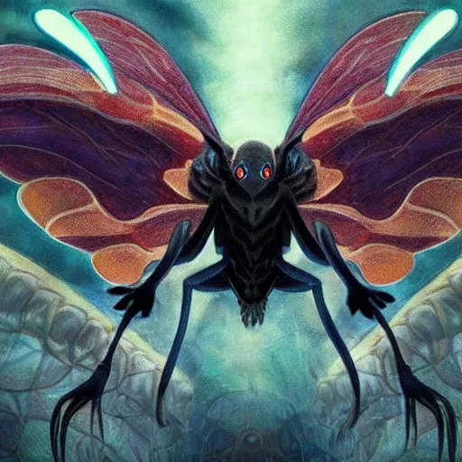 Image similar to 4K headshot of mothman with a mushroom hat and rouch clothes with giant wings , intricate face , flawless anime cel animation by Manabu Oshashi and Satoshi Kon, professionally post-processed , beautiful, scary, symmetry accurate features, epic, octane rendered, anime masterpiece, accurate