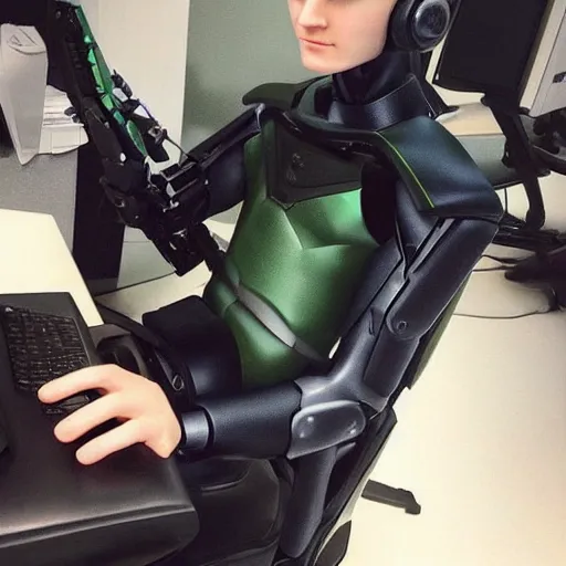 Image similar to “a realistic detailed photo of a guy who is an attractive humanoid who is half robot and half humanoid, who is a male android, twitch streamer Ninja Tyler Blevins, shiny skin, posing like a statue, blank stare, on a gaming chair streaming”