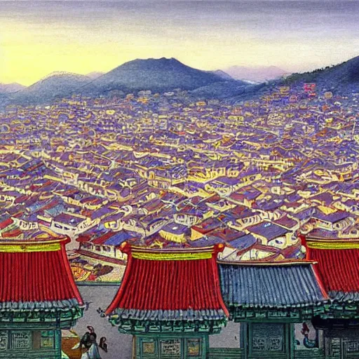 Prompt: https : / / i. pinimg. com / 7 3 6 x / 6 5 / 1 5 / 0 9 / 6 5 1 5 0 9 7 1 4 ed 5 ae 6 7 6 cf 7 ca 4 7 9 da 8 6 c 1 8. jpg city, korean traditional style city, colorful, sunlight, by caspar david friedrich