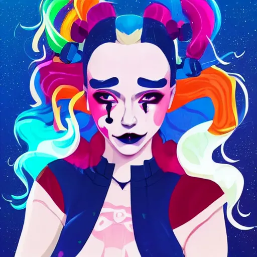 Image similar to julia garner as harley quinn as delirium of the endless, the sandman, rainbow clothes, clean cel shaded vector art. shutterstock. behance hd by lois van baarle, artgerm, helen huang, by makoto shinkai and ilya kuvshinov, rossdraws, illustration