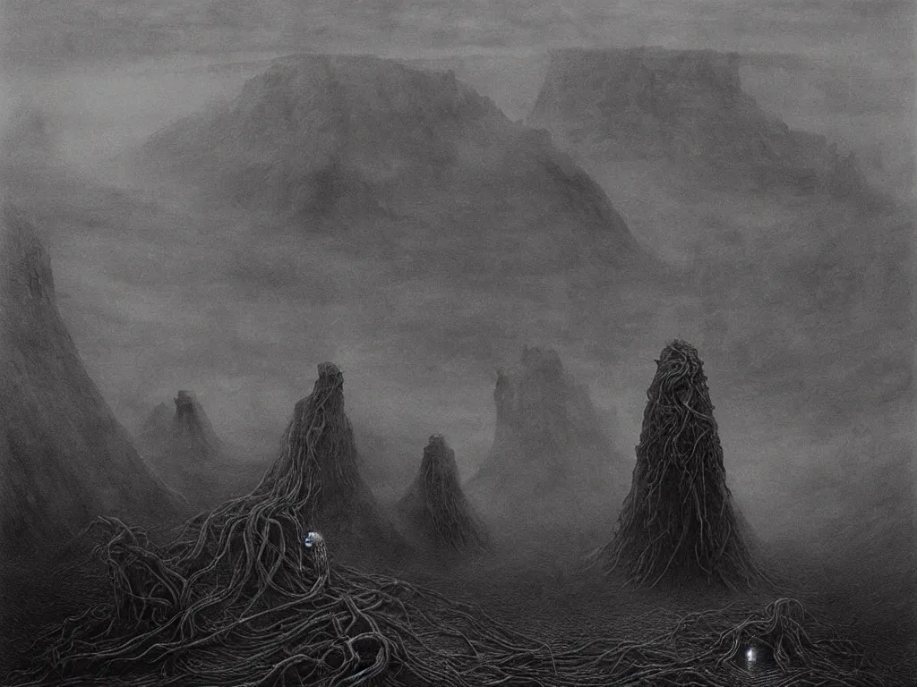 Prompt: a dark dystopian fantasy landscape, by zdzisław beksinski and hr giger, horror, epic