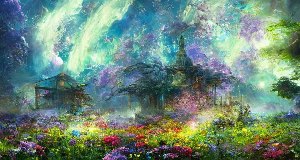 Image similar to a large mystic shrine in a field of flowers, john berkey, mad dog jones, breath - taking beautiful flowers, streams, nebula, and mist, an aesthetically pleasing, dynamic, energetic, lively, complex, intricate, detailed, well - designed digital art of magic, streams, flowers, and mist, early morning, light and shadow