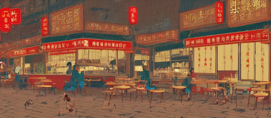 Image similar to a beautiful simple 4 k hd wallpaper illustration of interior view display of the corner of roasted string hotpot shop, simple style, from china, with merchant logo, simple structure, surrealistic, chinese style, victo ngai, james jean, denoise, deblurring