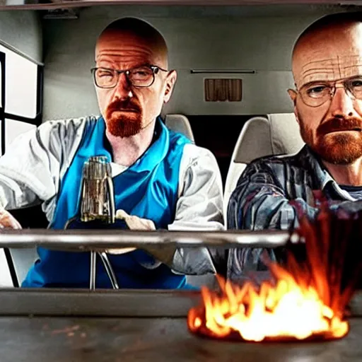 Prompt: walter white and jessie pinkman cooking meth in their rv,