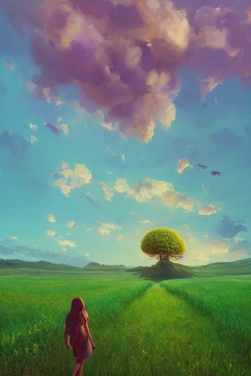 Prompt: giant corn flower head, girl walking in a green valley, surreal photography, sunrise, dramatic light, impressionist painting, colorful clouds, digital painting, artstation, simon stalenhag