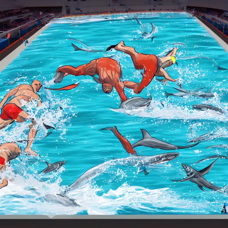 Image similar to a professional drawing of a swimming race between a man (swimming freestyle) and a shark (his head emerging from the water) in an Olympic swimming pool, the race is close