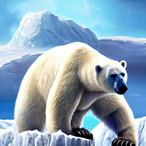 Image similar to polar bear on iceberg in mars drinking beer and have a beer can in hand, outer space, planet mars, illustration, computer painting, high resolution,, trending on deviantart, hdr, hyper detailed, insane details, intricate, elite, ornate, dramatic lighting