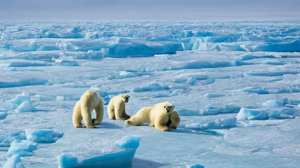 Image similar to photo of the most beautiful panoramic landscape, where a giant iceberg is lost in the frozen artic ocean, a giant polar bear is exhaling steam while walking over the iceberg, the frozen artic ocean is reflecting the giant polar bear and the ray lights of the sunrise are brightening him
