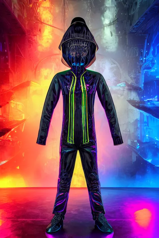 Prompt: photo of a jump suit, band merchandise, bandname is tripmachine, realistic digital art, jump suit is printed with a 3 d render of a huge futuristic steampunk generator, 8 k, fluorescent colors, halluzinogenic, multicolored, exaggerated detailed, unreal engine