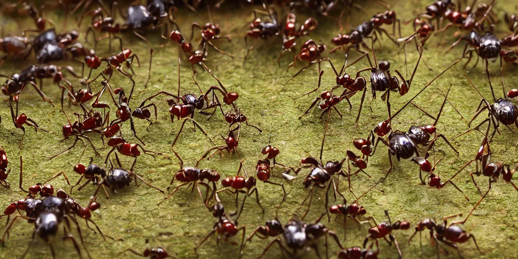 Image similar to epic battle scene Ants versus Spiders, Macro, the last stand, Epic Background, highly detailed, sharp focus, 8k, 35mm, cinematic lighting