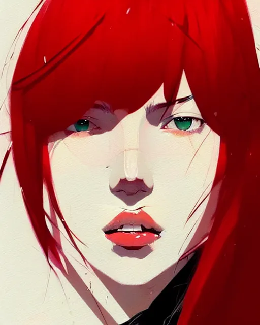 Image similar to a ultradetailed beautiful panting of a stylish woman with red bangs, by conrad roset, greg rutkowski and makoto shinkai, trending on artstation