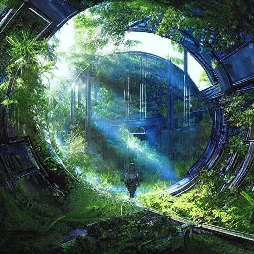 Image similar to stairs leading to a derelict portal in a middle of a lush futuristic forest, alien world seen through a portal, daylight, cinematic lighting, blue sky, syd mead, john harris