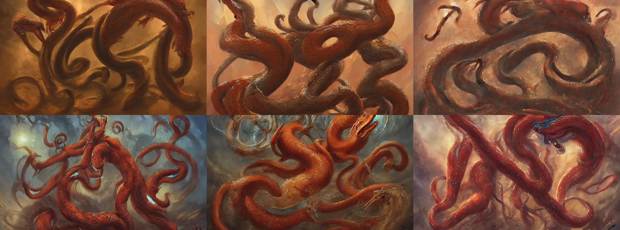 Prompt: a beautiful painting of a Naga, snake-like creature with humanoid upper body by Ralph Horsley, trending on ArtStation